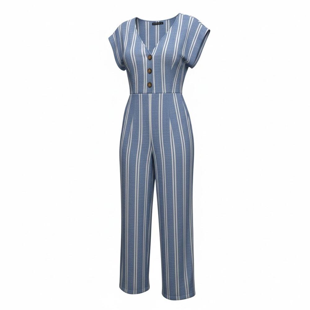 Abercrombie & Fitch Striped Button Jumpsuit Blue White Short Sleeve V-Neck XS